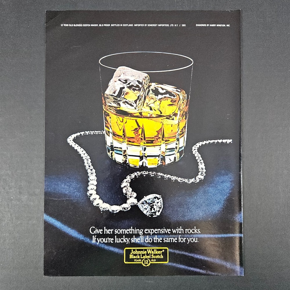 1981 Johnnie Walker Black Label Scotch Vintage Print Ad Harry Winston Diamonds